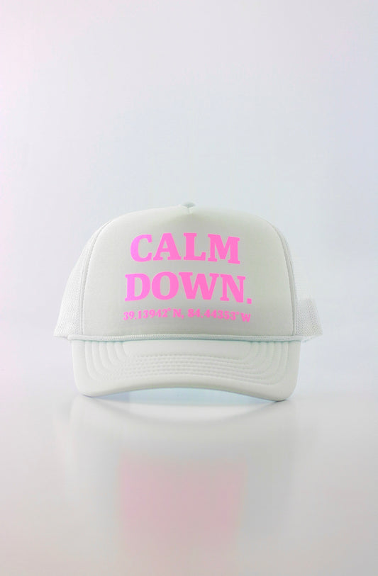 CALM DOWN HAT: WHITE NET, WHITE PANEL, PINK INK