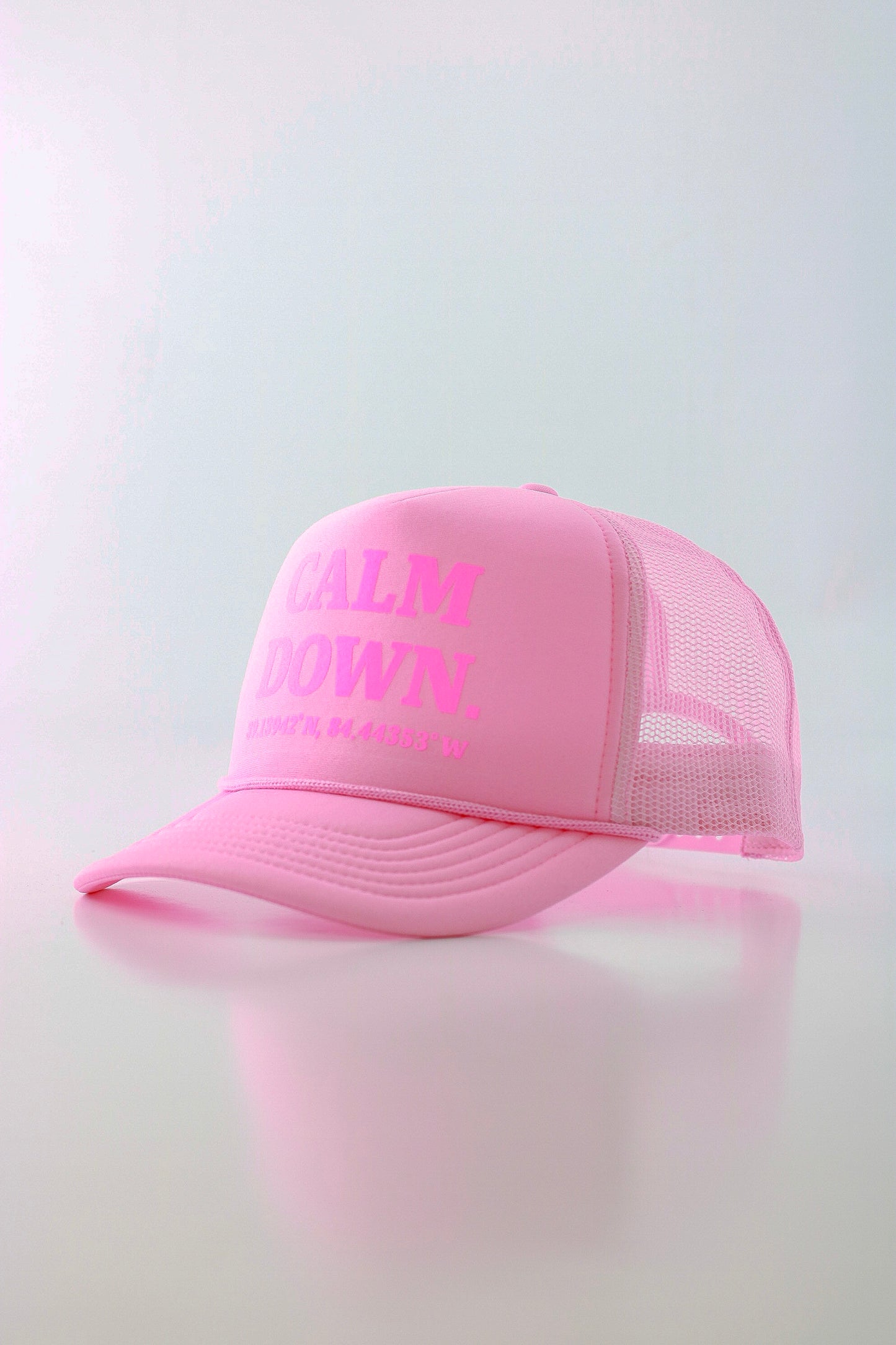CALM DOWN HAT: PINK NET, PINK PANEL, PINK INK