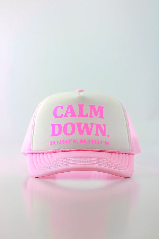 CALM DOWN HAT: PINK NET, WHITE PANEL, PINK INK