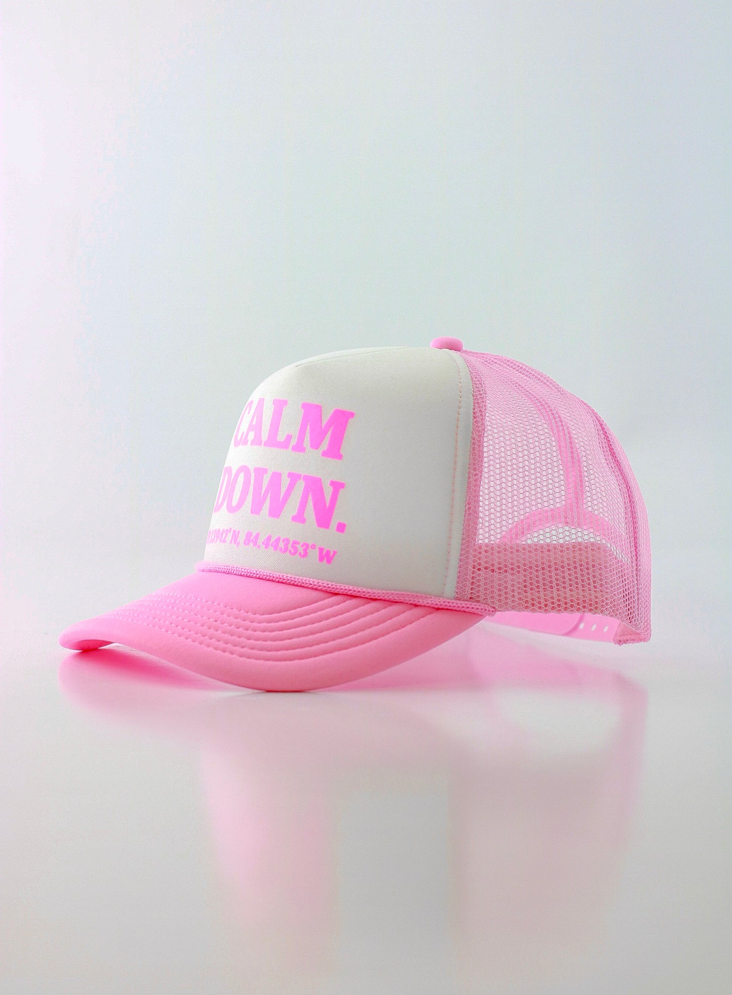 CALM DOWN HAT: PINK NET, WHITE PANEL, PINK INK