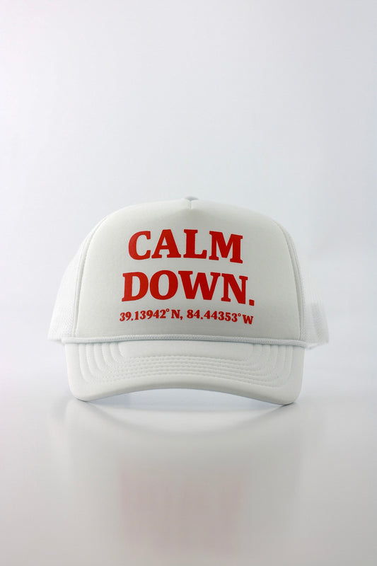 CALM DOWN HAT: WHITE NET, WHITE PANEL, RED INK