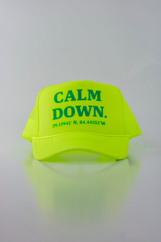 PRE ORDER - CALM DOWN HAT: NEON YELLOW NET, NEON YELLOW PANEL, TEAL INK