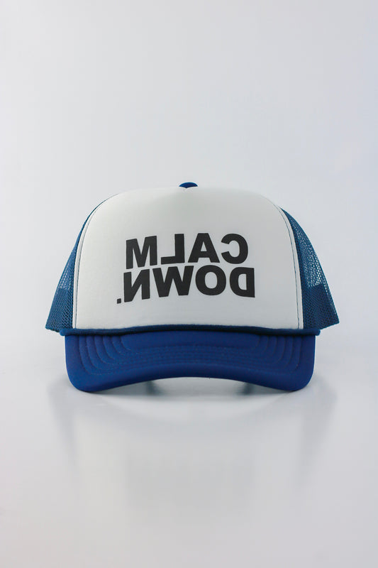 PRE ORDER - CALM DOWN HAT: BLUE NET, WHITE PANEL, BLACK INK