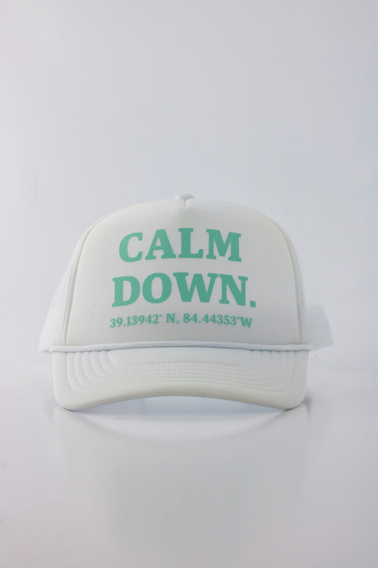 PRE ORDER - CALM DOWN HAT: WHITE NET, WHITE PANEL, TIFFANY BLUE INK