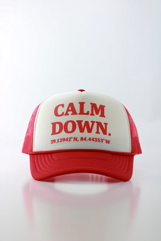 CALM DOWN HAT: RED NET, WHITE PANEL, RED INK