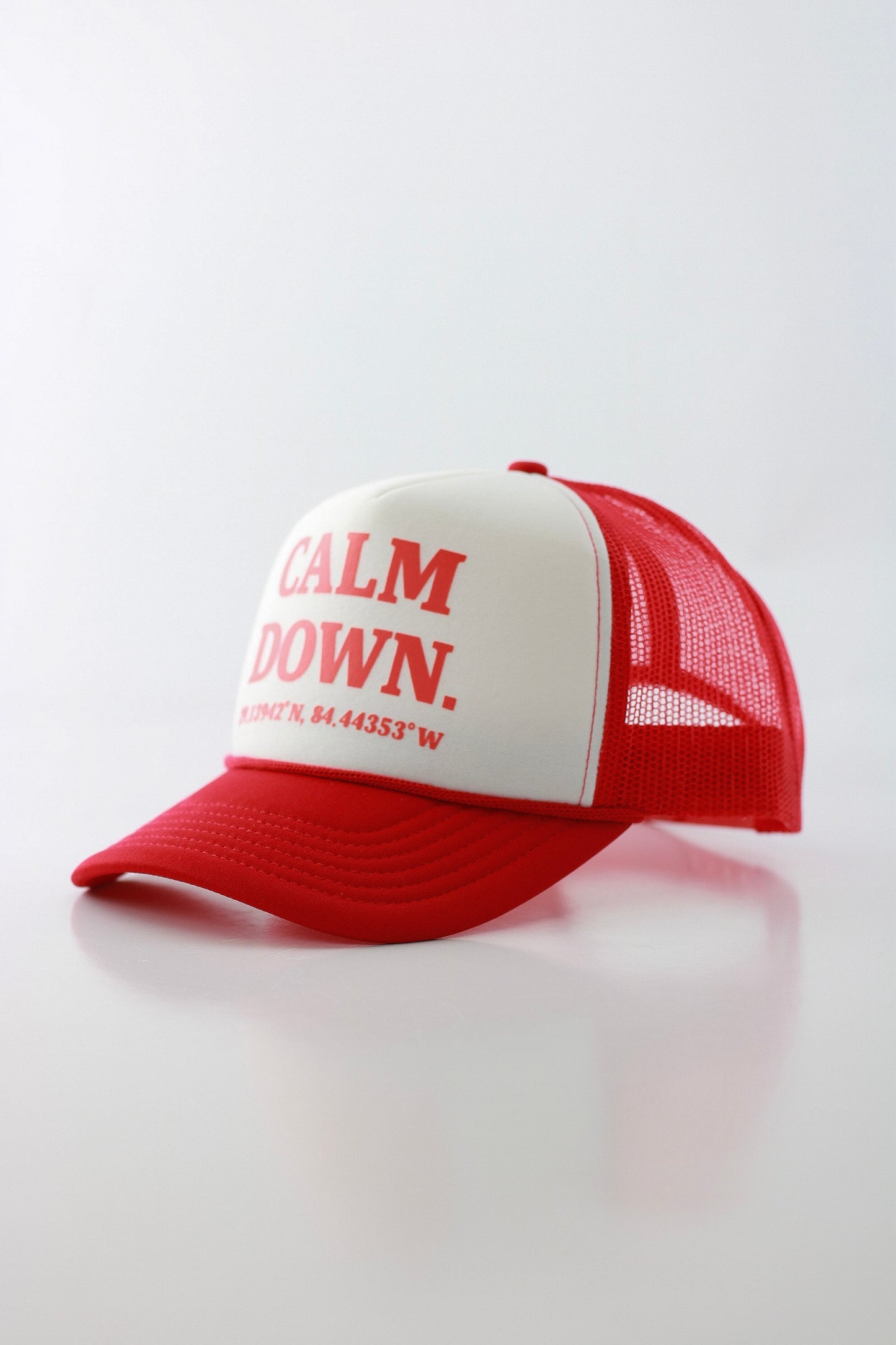 CALM DOWN HAT: RED NET, WHITE PANEL, RED INK