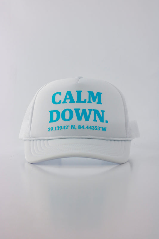 PRE ORDER - CALM DOWN HAT:  WHITE NET, WHITE PANEL, LIGHT BLUE INK