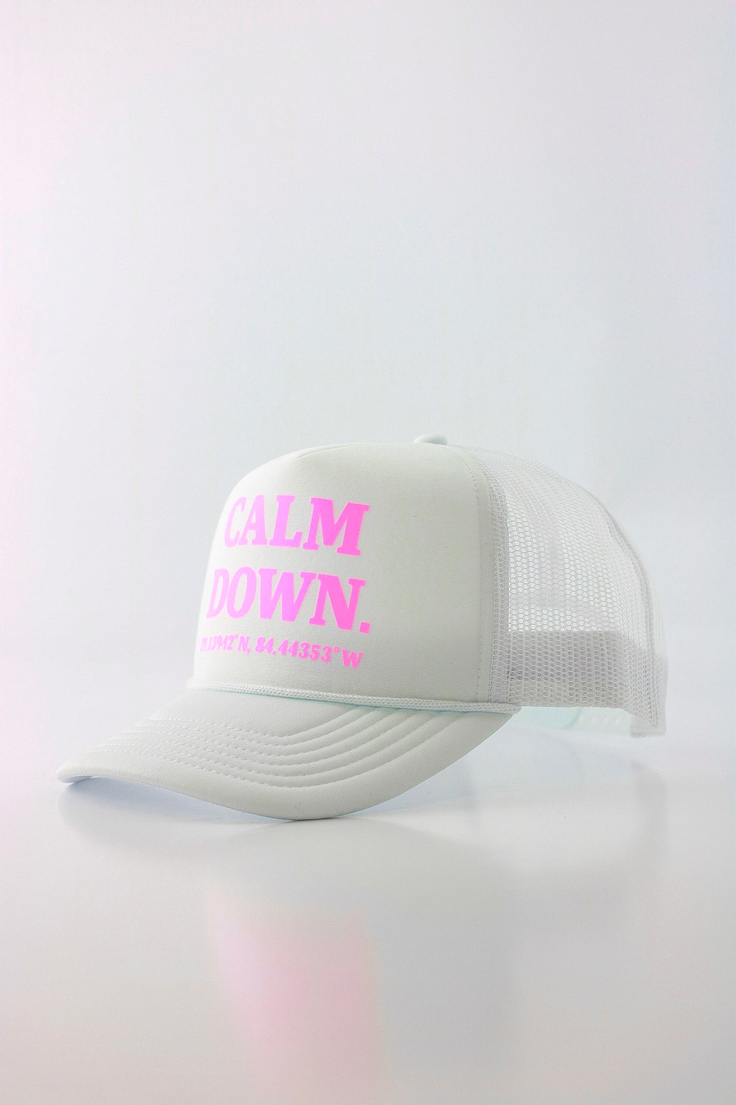 CALM DOWN HAT: WHITE NET, WHITE PANEL, PINK INK