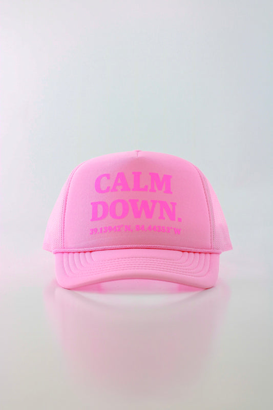 CALM DOWN HAT: PINK NET, PINK PANEL, PINK INK