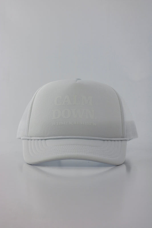 PRE ORDER - CALM DOWN HAT: WHITE NET, WHITE PANEL, WHITE INK