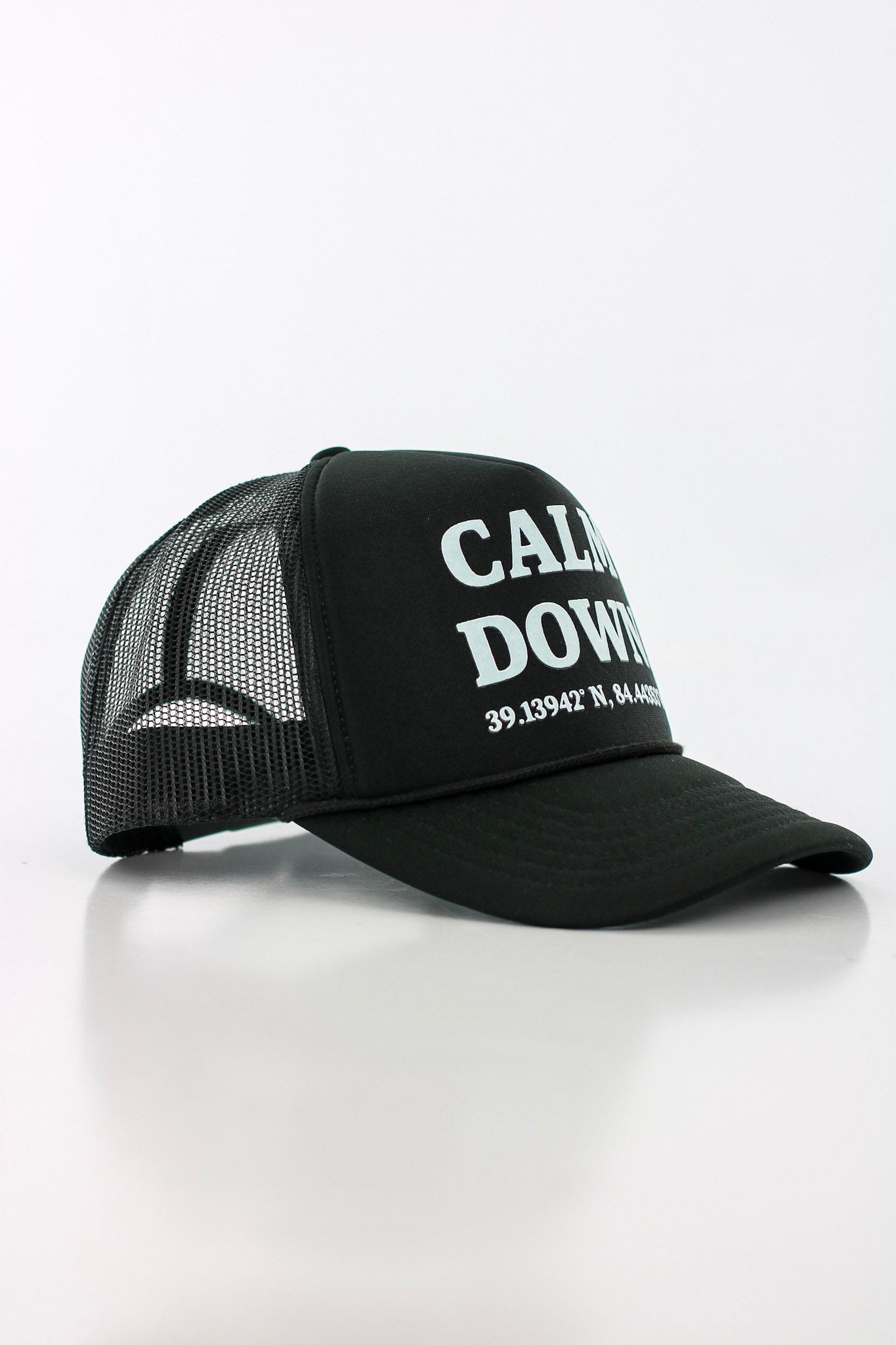 CALM DOWN HAT: BLACK NET, BLACK PANEL, WHITE INK