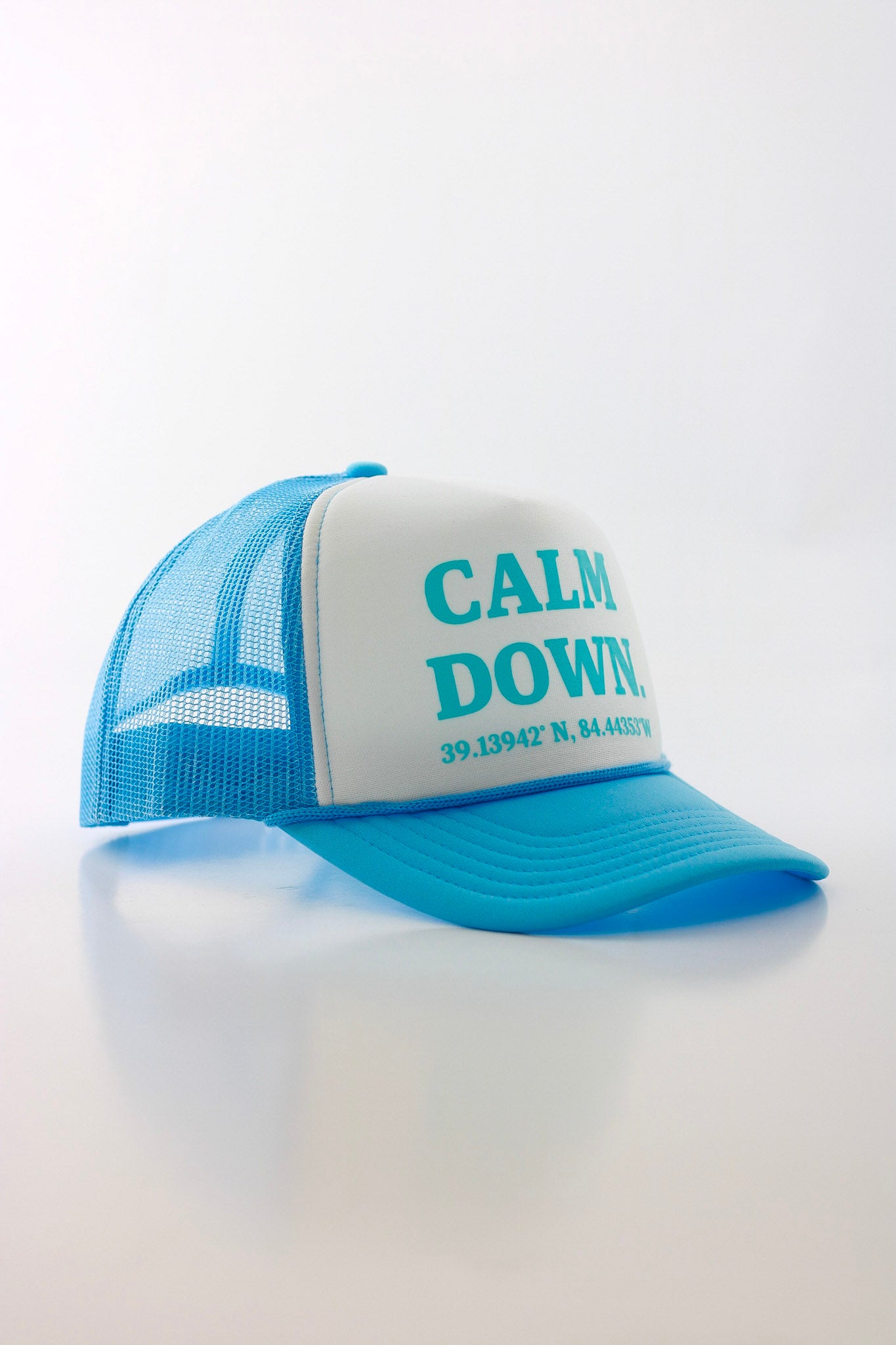 CALM DOWN HAT: LIGHT BLUE NET, WHITE PANEL, LIGHT BLUE INK