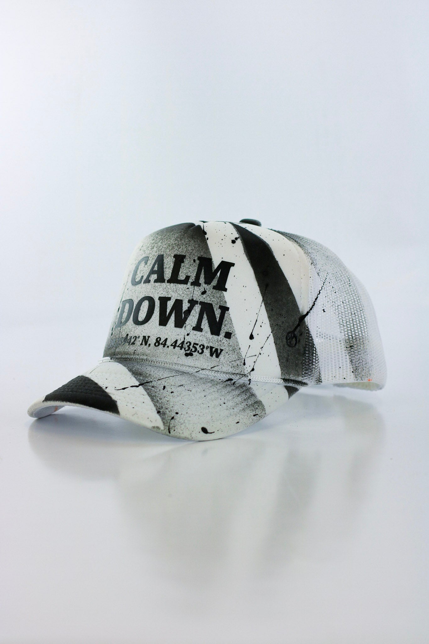 CALM DOWN HAT: 1 OF 1 WHITE NET, WHITE PANEL, BLACK INK
