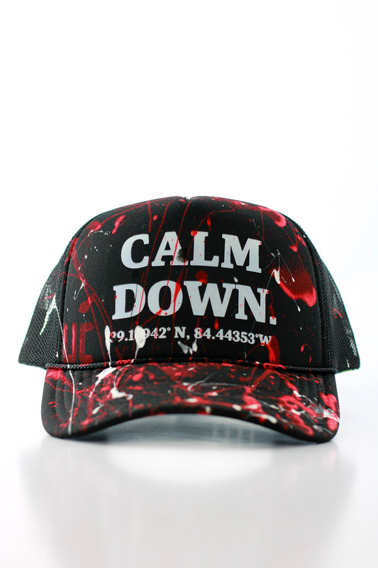 CALM DOWN HAT:  1 OF 1 BLACK NET, BLACK PANEL, WHITE INK