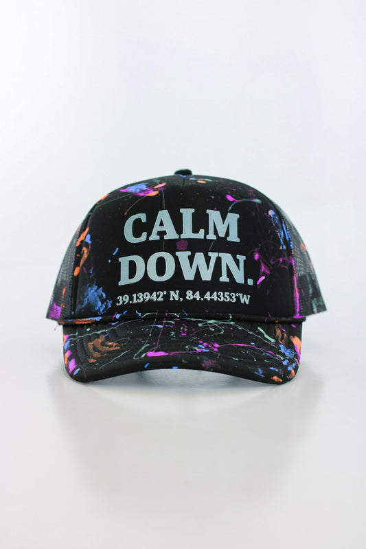 CALM DOWN HAT:  1 OF 1 BLACK NET, BLACK PANEL, WHITE INK