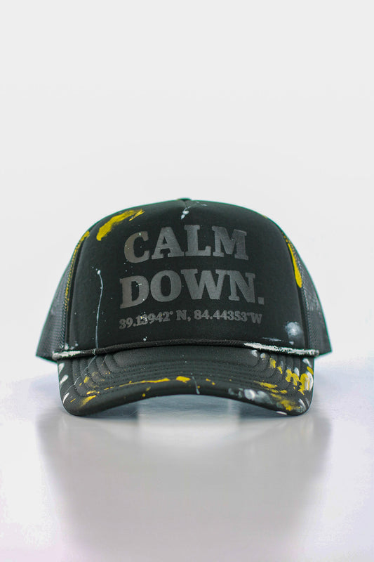 CALM DOWN HAT:  1 OF 1 BLACK NET, BLACK PANEL, BLACK INK,