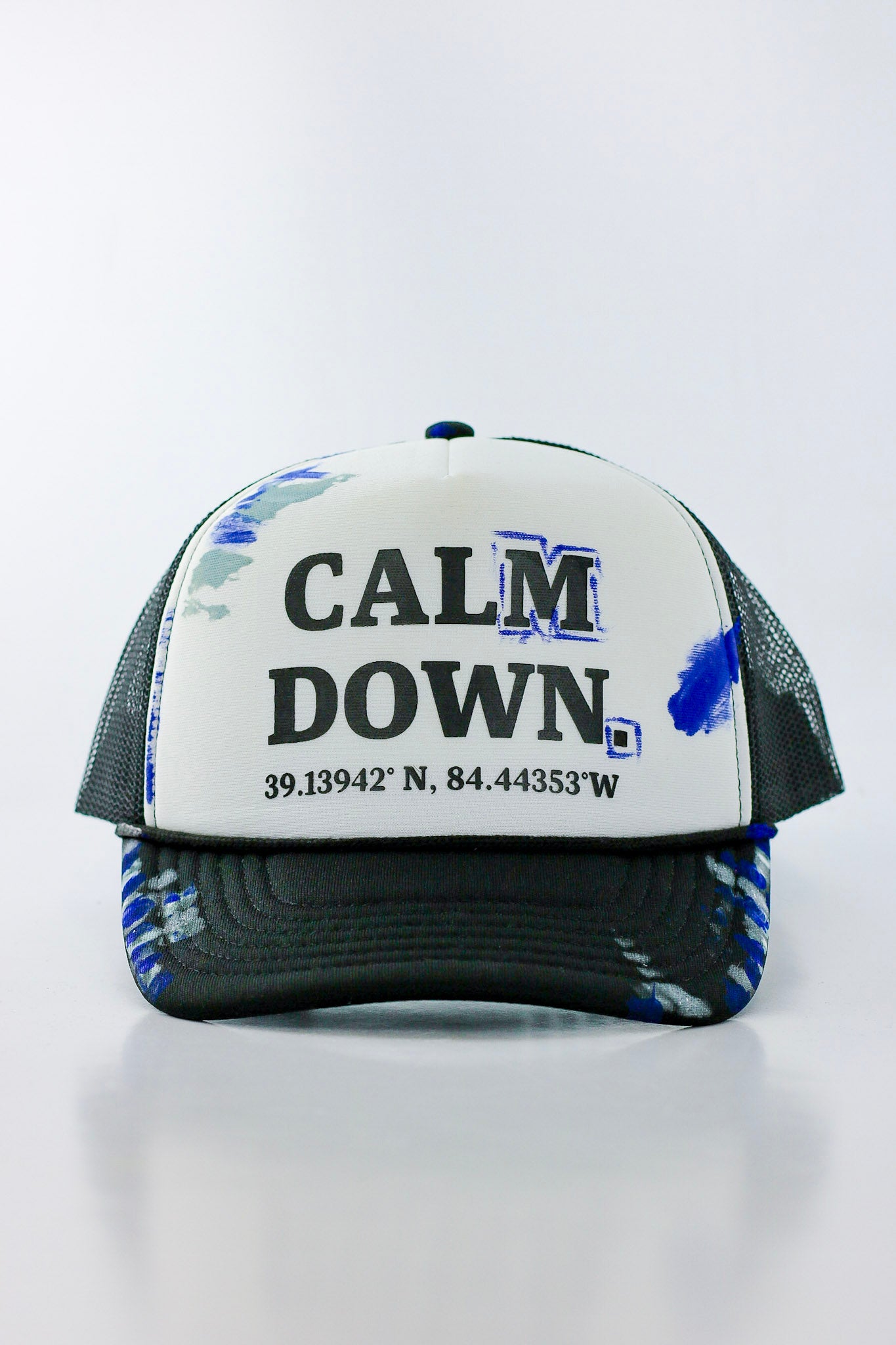CALM DOWN HAT: 1 OF 1 BLACK NET, WHITE PANEL, BLACK INK