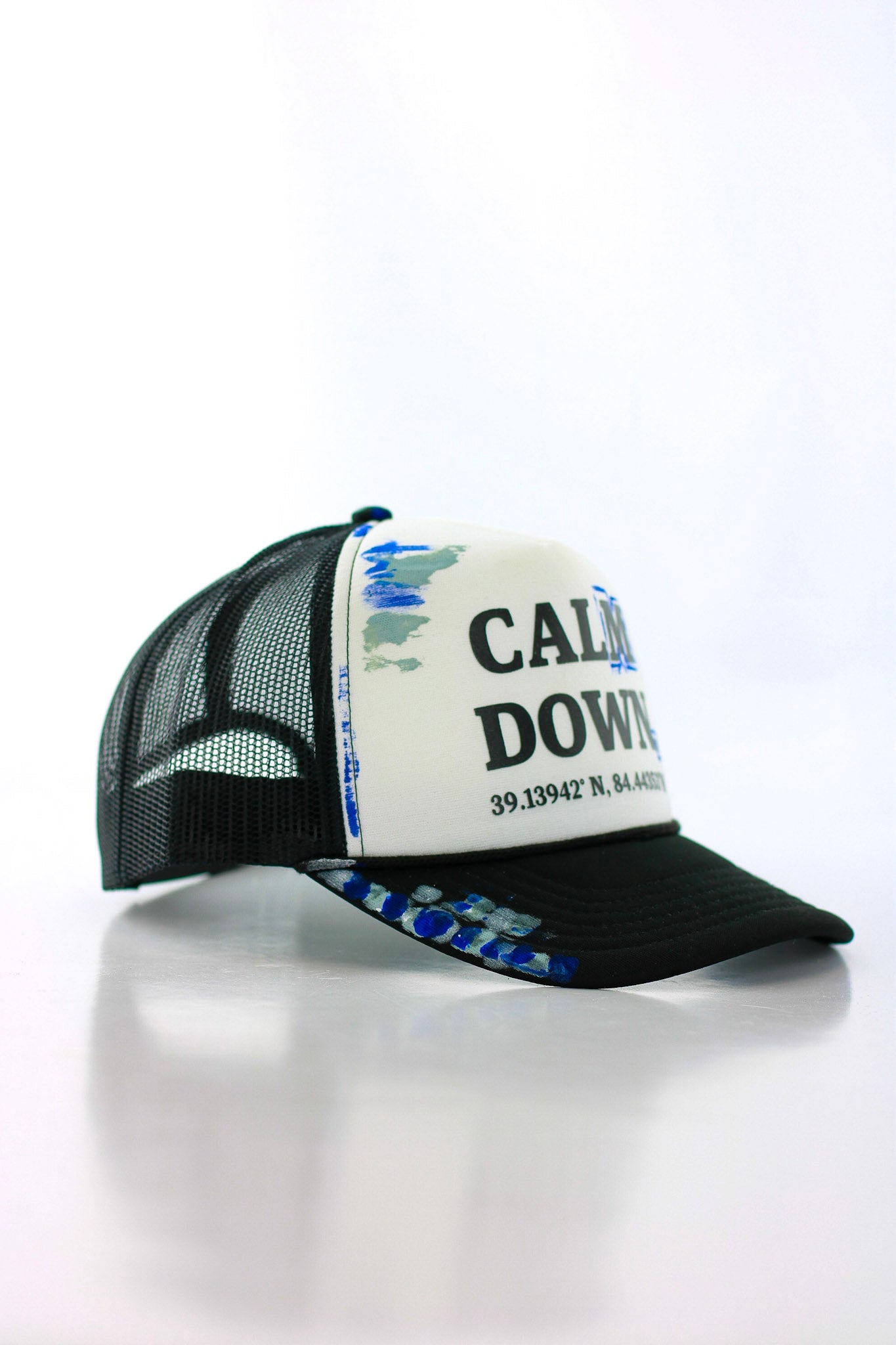 CALM DOWN HAT: 1 OF 1 BLACK NET, WHITE PANEL, BLACK INK