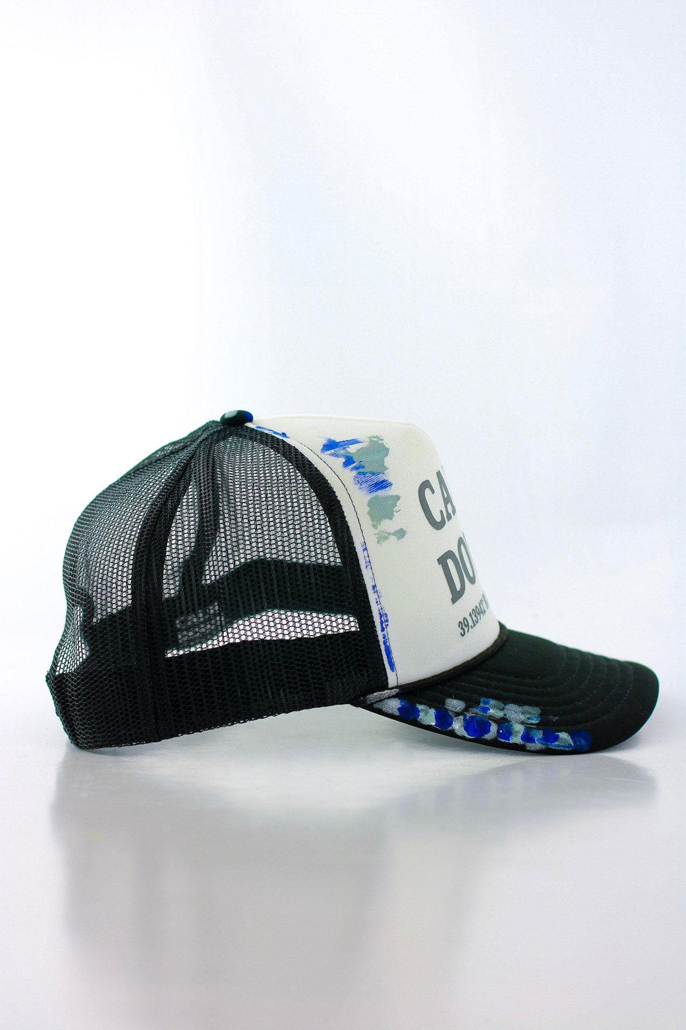 CALM DOWN HAT: 1 OF 1 BLACK NET, WHITE PANEL, BLACK INK