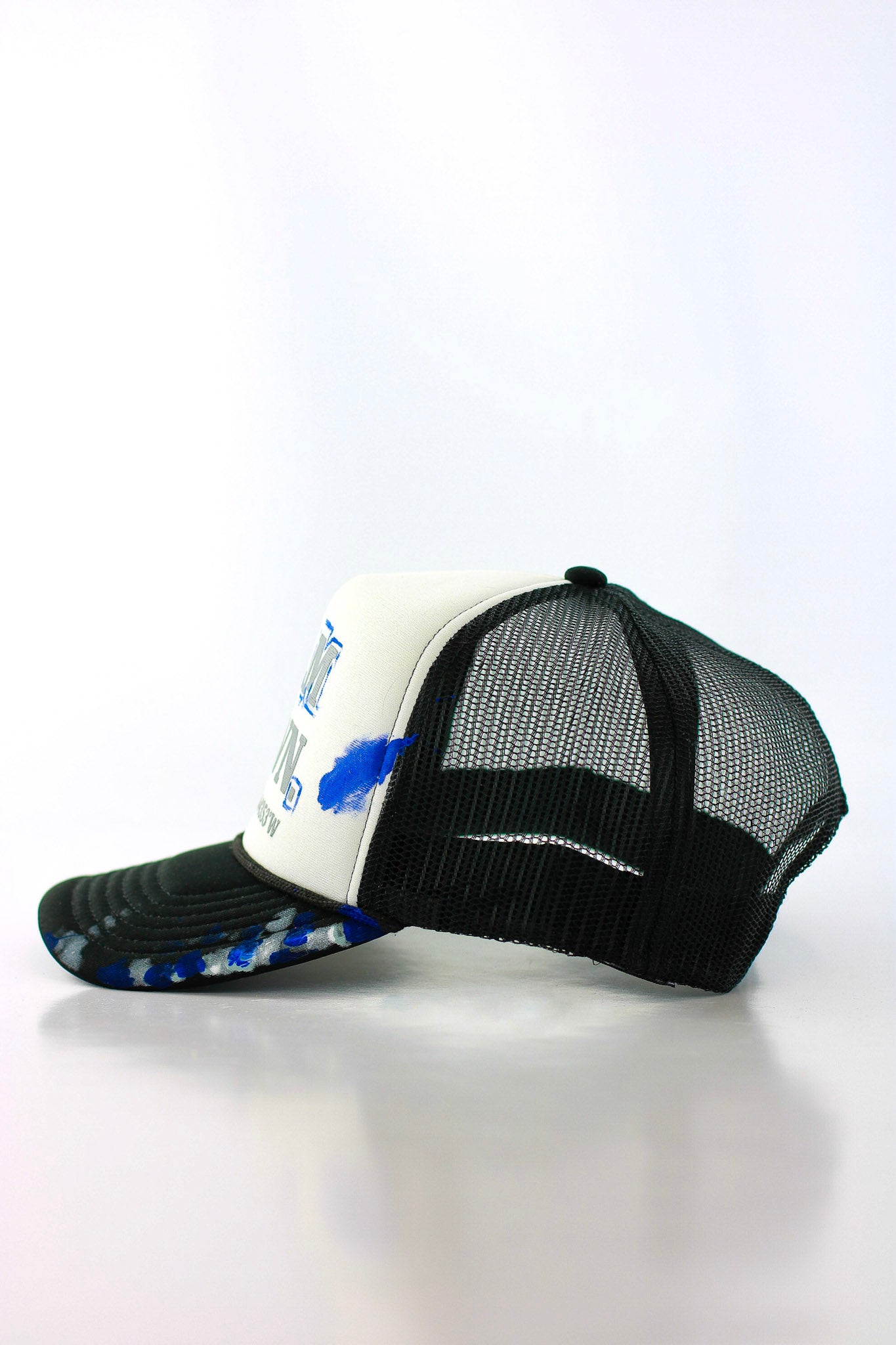 CALM DOWN HAT: 1 OF 1 BLACK NET, WHITE PANEL, BLACK INK