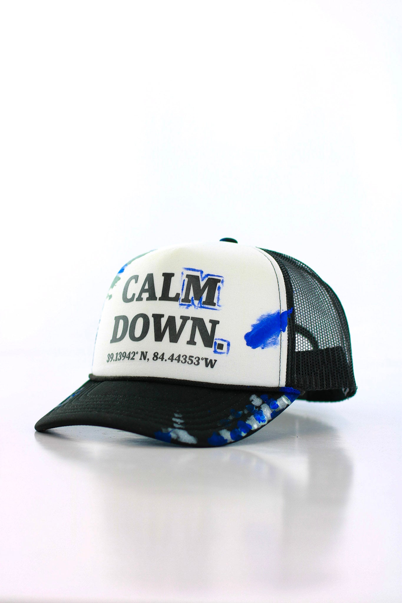 CALM DOWN HAT: 1 OF 1 BLACK NET, WHITE PANEL, BLACK INK