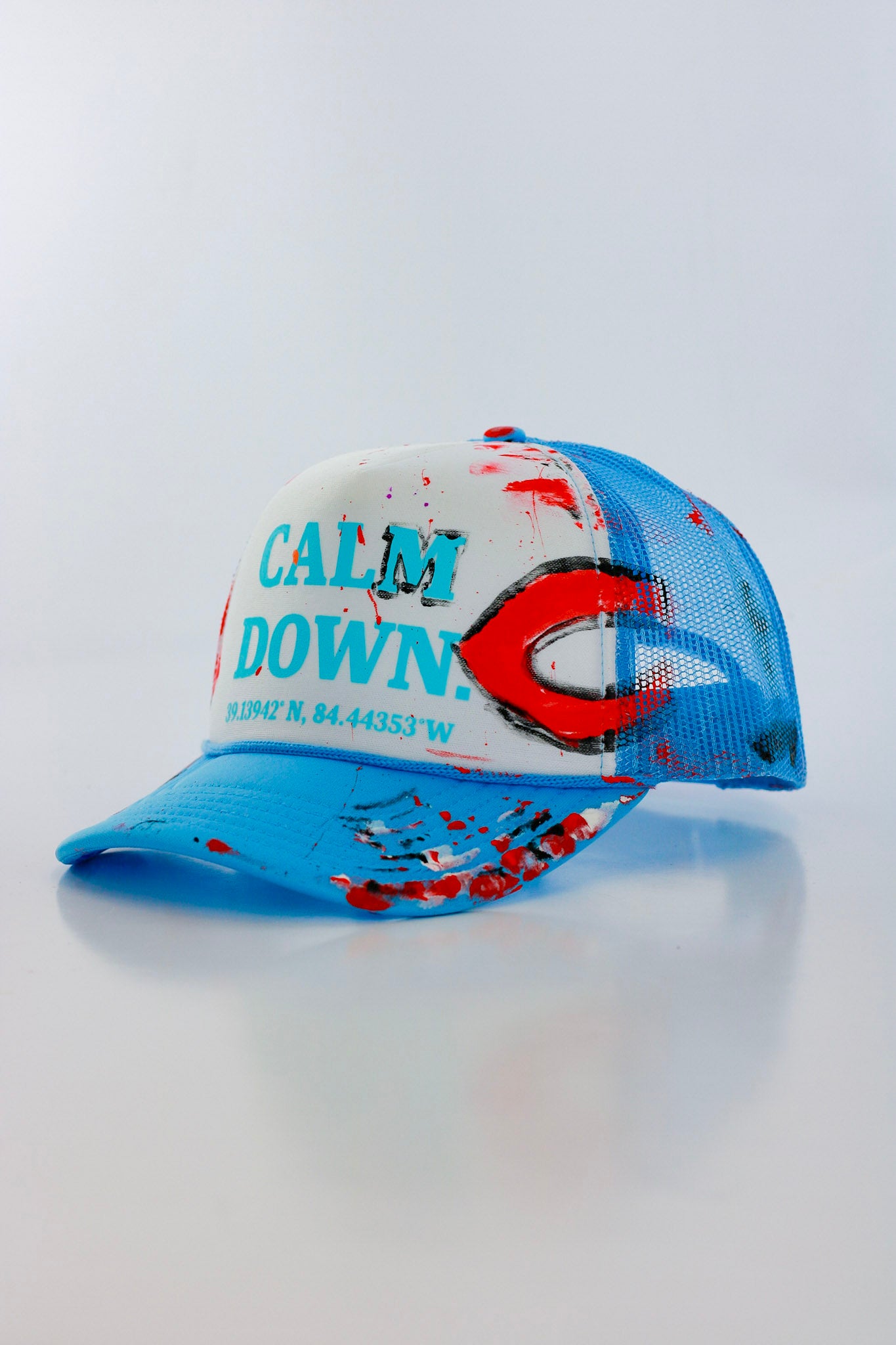CALM DOWN HAT: 1 OF 1 BLUE NET, WHITE PANEL, BLUE INK