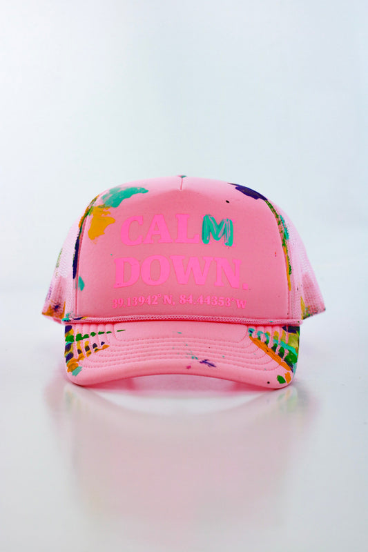 CALM DOWN HAT:  1 OF 1 PINK NET, PINK PANEL, PINK INK
