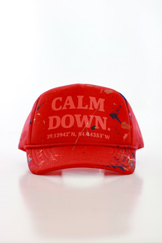 CALM DOWN HAT:  1 OF 1 RED NET, RED PANEL, RED INK