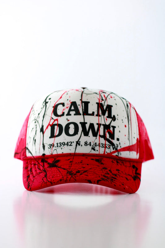 CALM DOWN HAT:  1 OF 1 RED NET, WHITE PANEL, BLACK INK