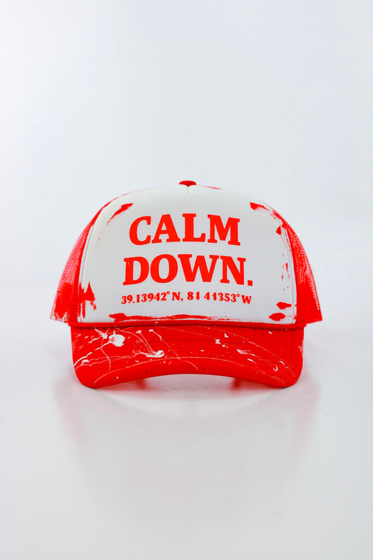 CALM DOWN HAT:  1 OF 1 RED NET, WHITE PANEL, RED INK