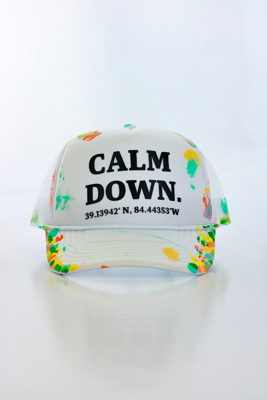 CALM DOWN HAT:  1 OF 1 WHITE NET, WHITE PANEL, BLACK INK