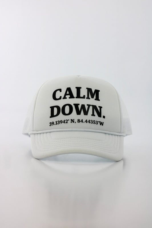 CALM DOWN HAT: WHITE NET, WHITE PANEL, BLACK INK