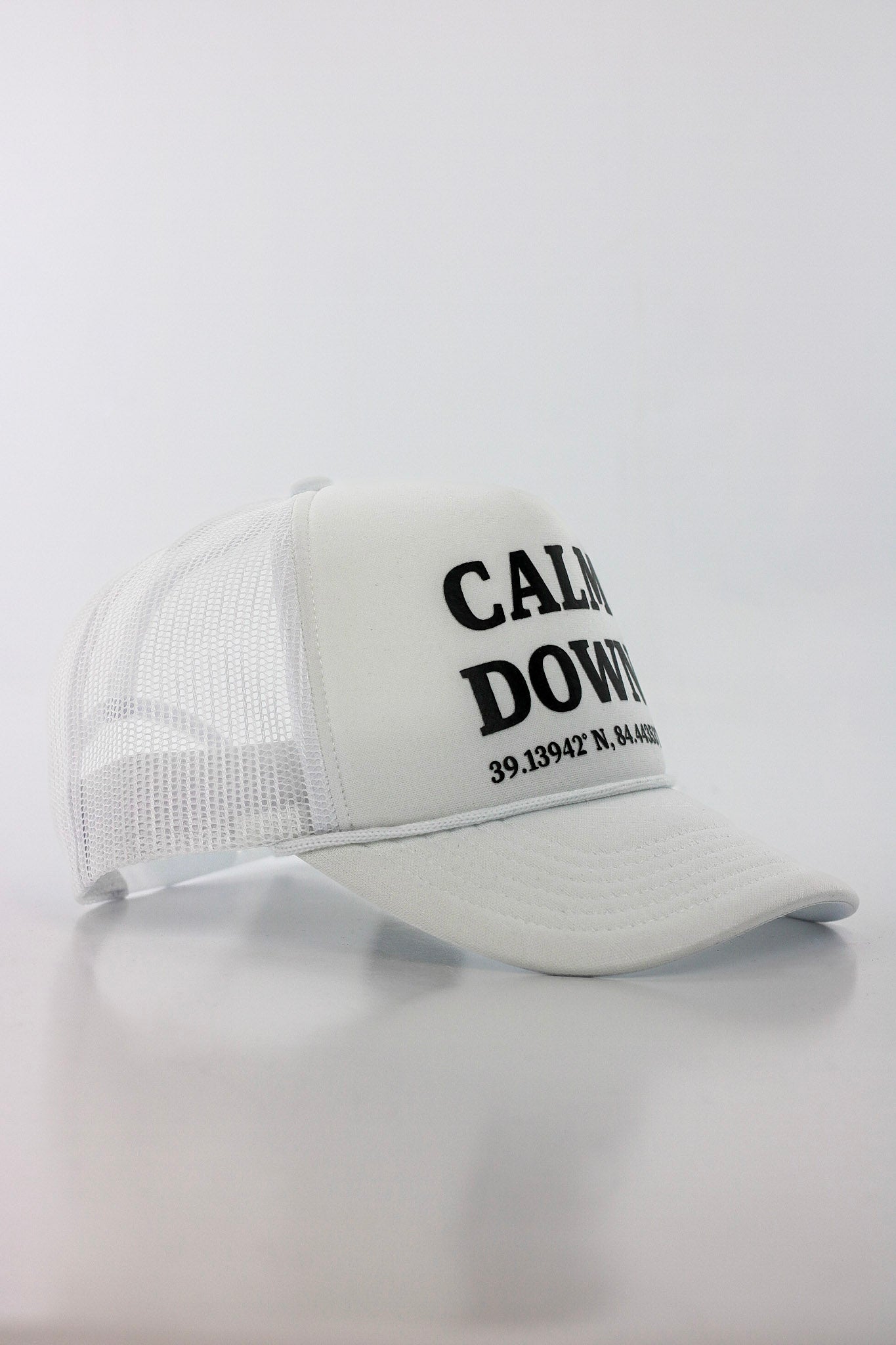 CALM DOWN HAT: WHITE NET, WHITE PANEL, BLACK INK
