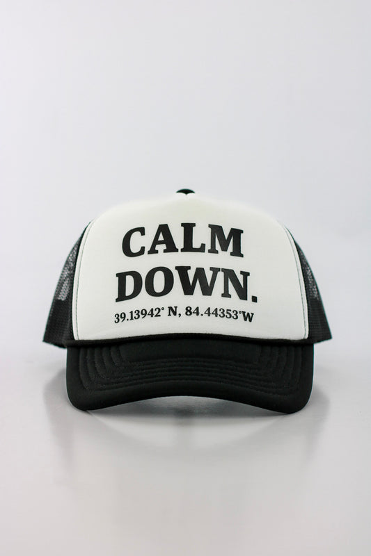 CALM DOWN HAT: BLACK NET, WHITE PANEL, BLACK INK
