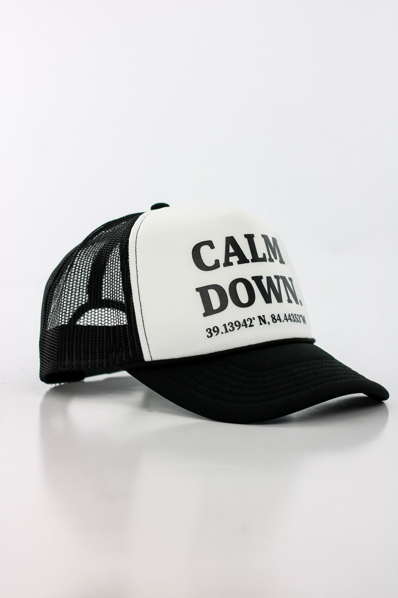 CALM DOWN HAT: BLACK NET, WHITE PANEL, BLACK INK