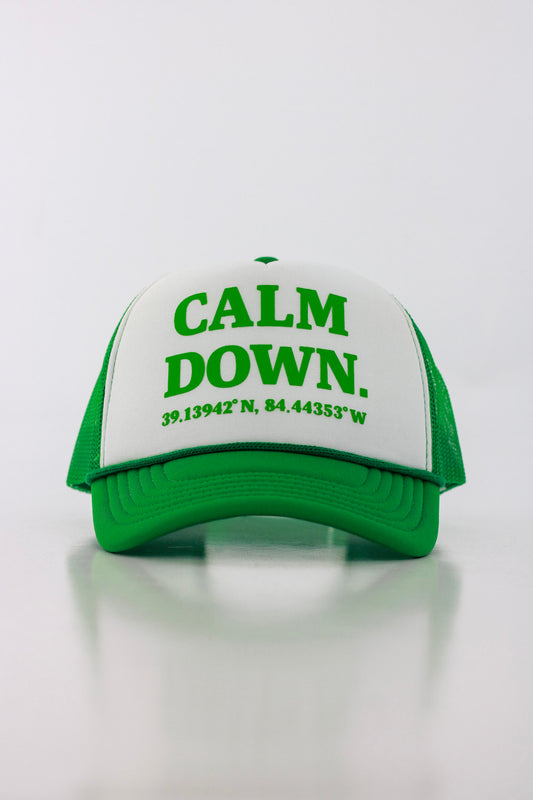 CALM DOWN HAT: GREEN NET, WHITE PANEL, GREEK INK