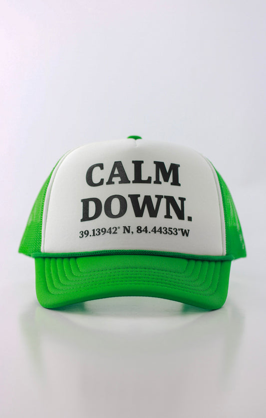 CALM DOWN HAT: GREEN NET, WHITE PANEL, BLACK INK