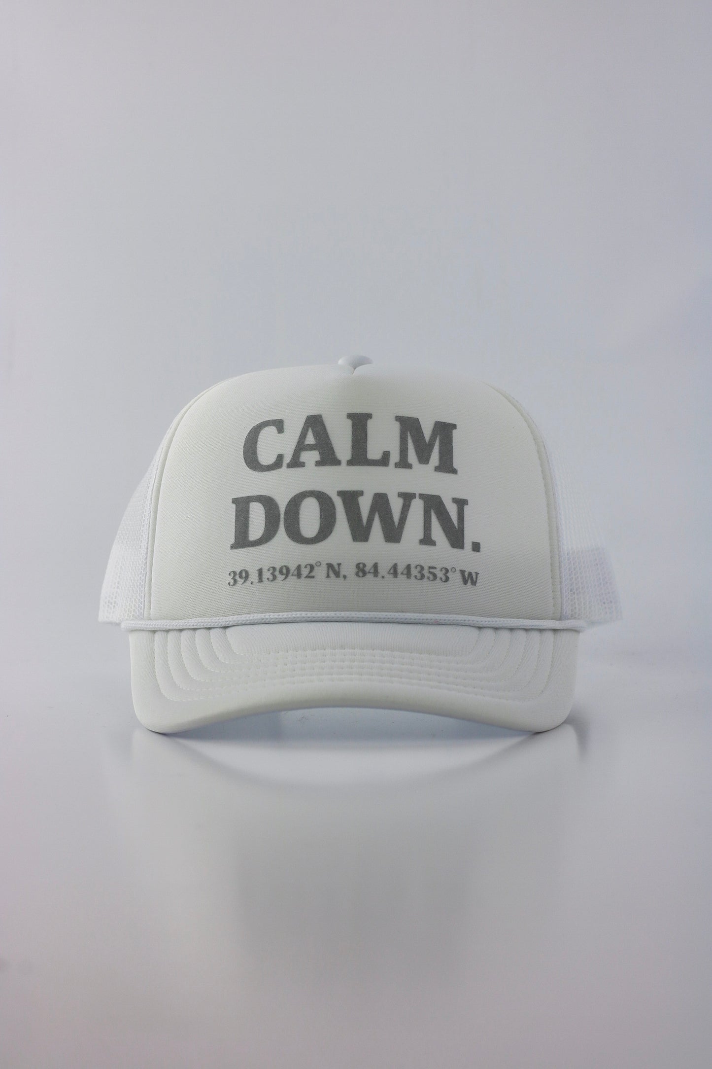 PRE ORDER - CALM DOWN HAT: WHITE NET, WHITE PANEL, GRAY INK
