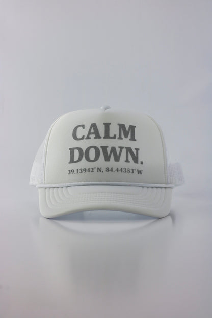 PRE ORDER - CALM DOWN HAT: WHITE NET, WHITE PANEL, GRAY INK