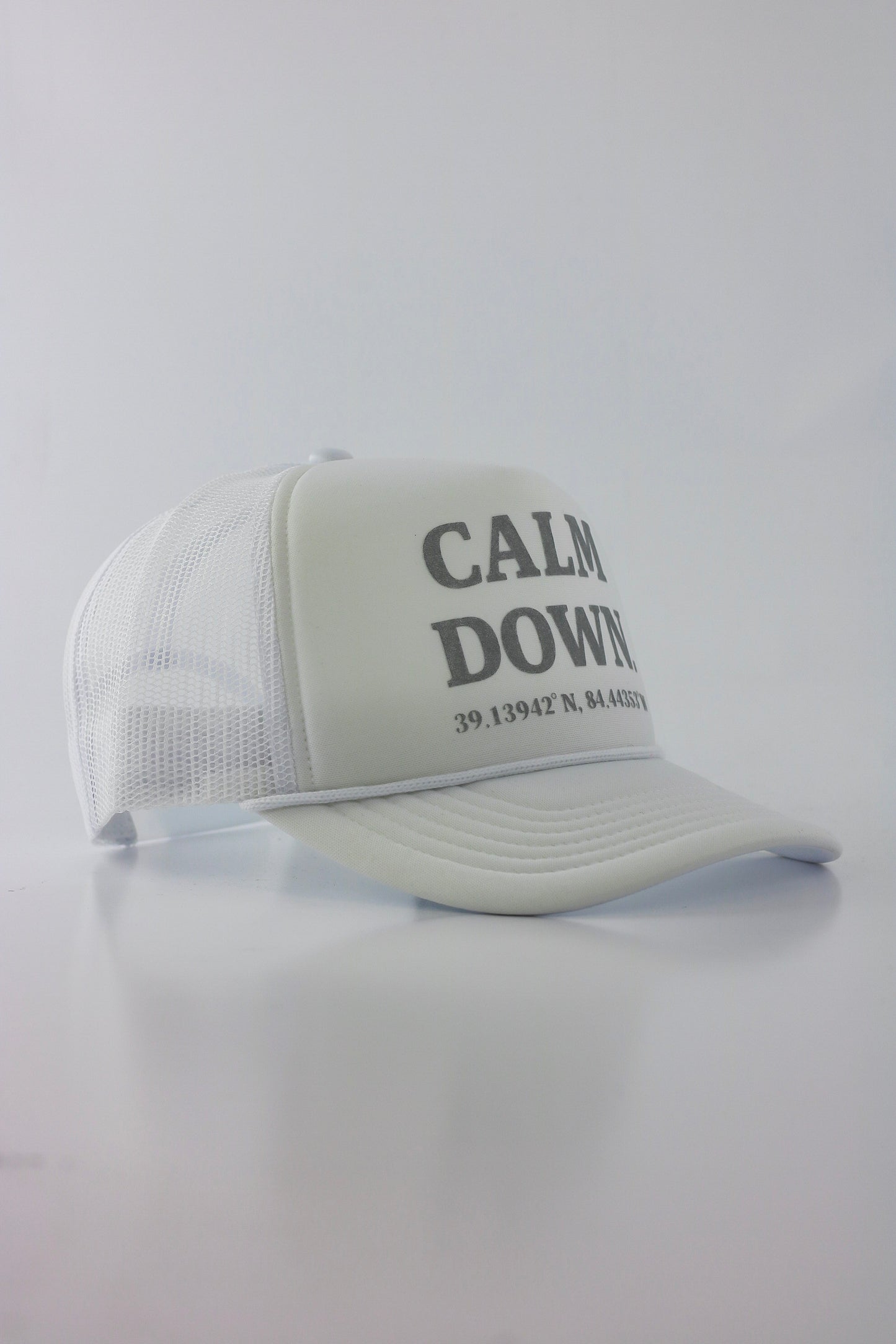 PRE ORDER - CALM DOWN HAT: WHITE NET, WHITE PANEL, GRAY INK
