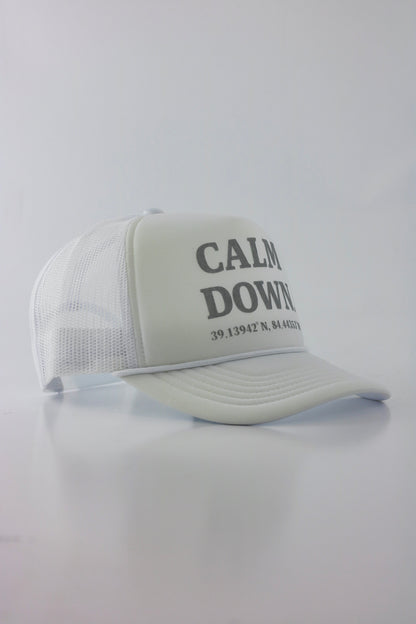 PRE ORDER - CALM DOWN HAT: WHITE NET, WHITE PANEL, GRAY INK
