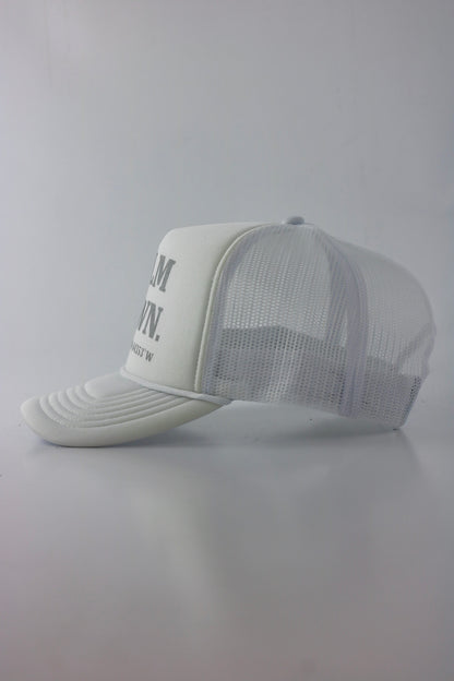 PRE ORDER - CALM DOWN HAT: WHITE NET, WHITE PANEL, GRAY INK