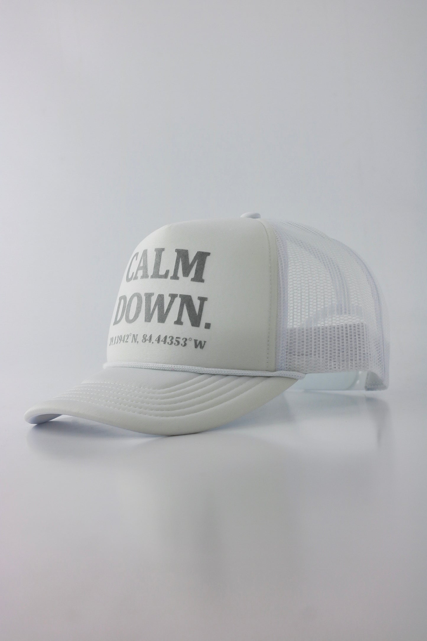 PRE ORDER - CALM DOWN HAT: WHITE NET, WHITE PANEL, GRAY INK