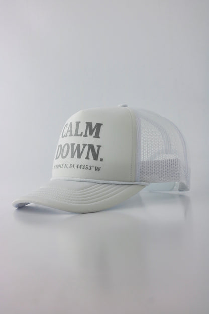 PRE ORDER - CALM DOWN HAT: WHITE NET, WHITE PANEL, GRAY INK