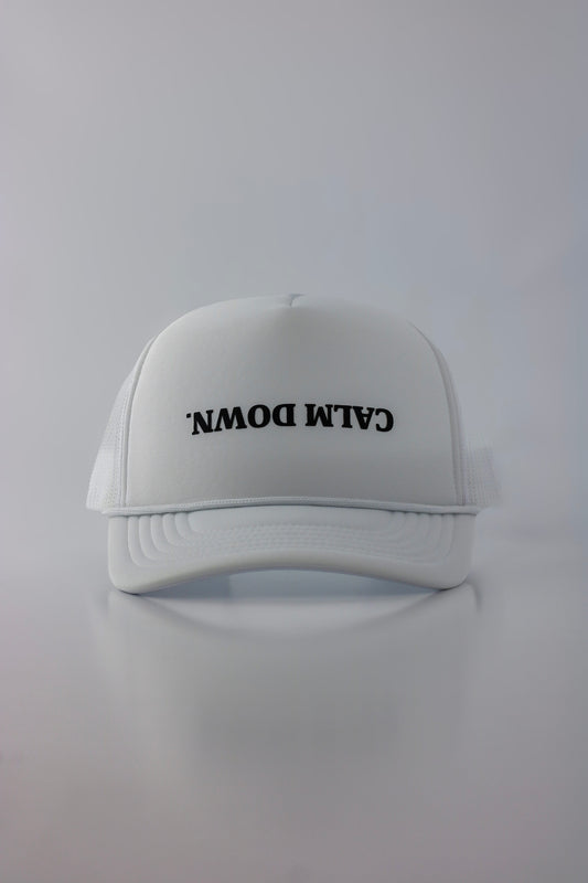 PRE ORDER - CALM DOWN HAT: WHITE NET, WHITE PANEL, BLACK INK