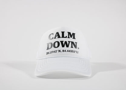 CALM DOWN HAT: WHITE, WHITE PANEL