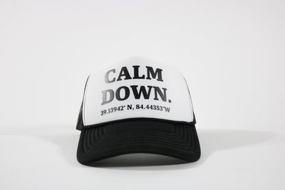 CALM DOWN HAT: BLACK, WHITE PANEL