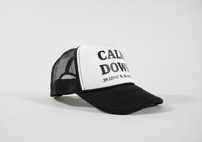 CALM DOWN HAT: BLACK, WHITE PANEL