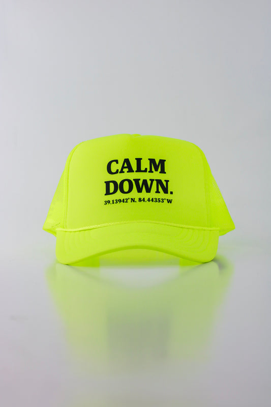 PRE ORDER - CALM DOWN HAT: NEON YELLOW NET, NEON YELLOW PANEL, BLACK INK