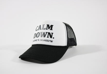 CALM DOWN HAT: BLACK, WHITE PANEL